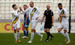 Strahinja Jovanovic of Zabbar St. Patrick celebrates with teammate Stefan Ilic after scori...