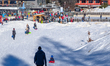 Tourists sledge in Tyrol on a sunny winter day in Seefeld, Innsbruck Land, Tyrol, Austria,...