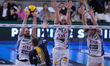 Riccardo Sbertoli of ITAS Trentino and Bela Bartha of ITAS Trentino block during the match...