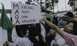 Anti-deportation protesters gather around the 101 freeway in Downtown Los Angeles, United...