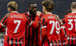 Fikayo Tomori, Joao Felix, and Santiago Gimenez celebrate the goal during the Coppa Italia...