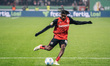 Jeremie Frimpong of Bayer 04 Leverkusen plays during the DFB Cup quarterfinal match betwee...