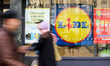 Illustration of the Lidl logo at the entrance of a store in Paris, France, on February 8,...