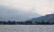 People take a winter walk in the Tegernsee Lake area in Tegernsee, Upper Bavaria, Bavaria,...