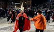 Figurants participate in a procession during the death of the puppet Mba Biose on Shrove T...
