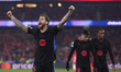 Inigo Martinez of FC Barcelona celebrates after Raphinha (not in frame) scores their side'...