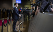 President of France Emmanuel Macron does a doorstep press briefing after the end of the Eu...