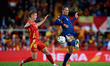 Virgil van Dijk of the Netherlands competes for the ball with Dani Olmo of Spain during th...