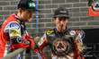 Brady Kurtz of Belle Vue Aces (left) chats with teammate Zach Cook during the Premiership...