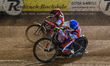 Jake Mulford of Belle Vue Aces in blue rides inside teammate Norick Blodorn in red during...