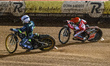 Jason Doyle of Ipswich Witches in white rides inside Dan Bewley of Belle Vue Aces in red d...