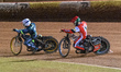 Brady Kurtz of Belle Vue Aces in red chases Jason Doyle of Ipswich Witches in white during...