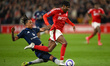 Leny Yoro of Manchester United tackles Anthony Elanga of Nottingham Forest during the Prem...