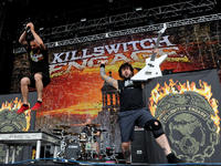 Jesse Leach (L) and Mike D'Antonio with Killswitch Engage perform during River City Rockfest at the AT&T Center on May 24, 2014 in San Anton...