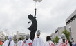 Pro-Palestinian demonstrators march in Washington D.C., on April 5, 2025, demanding an end...
