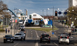 A police area is seen at the German end of the bridge connecting the cities of Frankfurt (...
