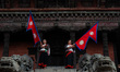 Members of the Newar community perform at Nyatapole in Bhaktapur, Nepal, on April 9, 2025,...
