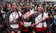 A girl wears Newari traditional attire before performing at Nyatapole in Bhaktapur, Nepal,...