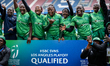 The Kenya team celebrates qualifying for the tournament in Los Angeles after winning the r...