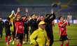 Al-Ahly players celebrate after scoring a goal during a match between Al Ahly and Pyramids...