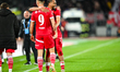 Astrit Selmani and Maxime Sivis celebrate during the Universitatea Cluj vs. Dinamo match i...