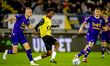 NAC Breda forward Kamal Sowah and Go Ahead Eagles defender Joris Kramer play during the ma...