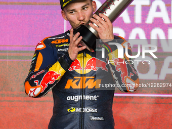 Second-placed Turkish Moto2 rider Deniz Oncu of Red Bull KTM Ajo celebrates on the podium after the Moto2 final race during the Qatar Airway... by Noushad Thekkayil/NurPhoto