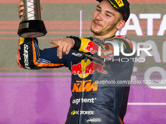 Second-placed Turkish Moto2 rider Deniz Oncu of Red Bull KTM Ajo celebrates on the podium after the Moto2 final race during the Qatar Airway... by Noushad Thekkayil/NurPhoto
