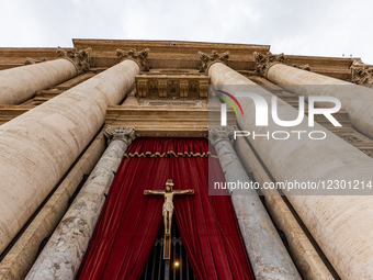 A large crucifix stands in front of the main door of St. Peter's Basilica in the Vatican on April 24, 2025. The Vatican announces that aroun... by Mauro Ujetto/NurPhoto