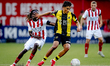 Top Oss midfielder Marcelencio Esajas and Vitesse defender Roan van der Plaat play during...