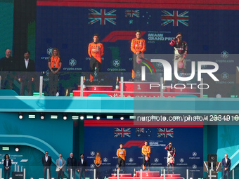 Oscar Piastri, Lando Norris, and George Russell stand on the podium during the Formula 1 Crypto.Com Miami Grand Prix 2025 in Miami, USA, on... by Alessio Morgese/NurPhoto