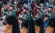 LONDON, UNITED KINGDOM - MAY 05, 2025: Members of the band of the Scots guard march along...