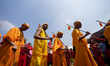 Nepali Hindu teenage and adolescent boys undergo the ritualistic tradition of Bratabandha...
