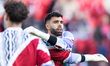 David Raya of Arsenal warms up before the UEFA Champions League Semi-final Second Leg foot...