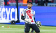 David Raya of Arsenal warms up before the UEFA Champions League Semi-final Second Leg foot...