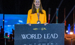 Gold medalist Yaroslava Mahuchiki of Ukraine poses on the podium during the medal ceremony...