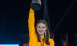 Yaroslava Mahuchiki of Ukraine celebrates with the trophy on the podium during the medal c...