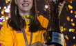 Yaroslava Mahuchiki of Ukraine celebrates with the trophy on the podium during the medal c...