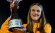 Yaroslava Mahuchiki of Ukraine celebrates with the trophy on the podium during the medal c...