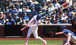 New York Mets' Brandon Nimmo #9 connects for a home run during the eighth inning of a base...
