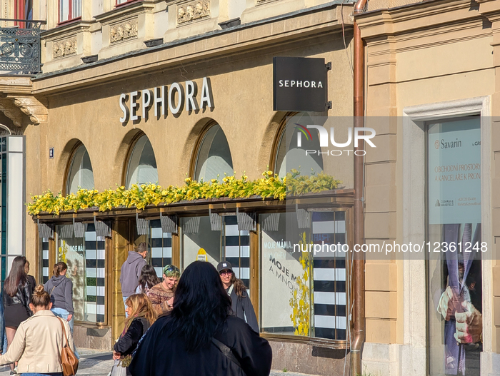 Sephora Storefront With Flower Decoration In Prague