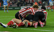 A Sunderland player celebrates advancing to the Play-off Championship final during the Sky...