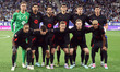 The FC Barcelona team plays during the match between RCD Espanyol and FC Barcelona, corres...