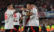 Players of River Plate celebrate Maximiliano Mezza's goal during the match between River P...