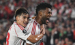 Miguel Borja of River Plate celebrates his goal with Ian Subiabre during the match between...