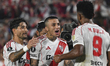 Miguel Borja of River Plate celebrates his goal with Milton Casco and Kevin Castano during...