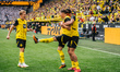 Marcel Sabitzer of Borussia Dortmund celebrates his team's second goal with teammates duri...