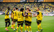 Marcel Sabitzer of Borussia Dortmund celebrates his team's second goal with teammates duri...