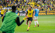 Felix Nmecha of Borussia Dortmund celebrates his team's third goal during the Bundesliga m...