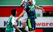 FC Dordrecht defender Sem Valk and De Graafschap forward Ralf Seuntjens participate in the...